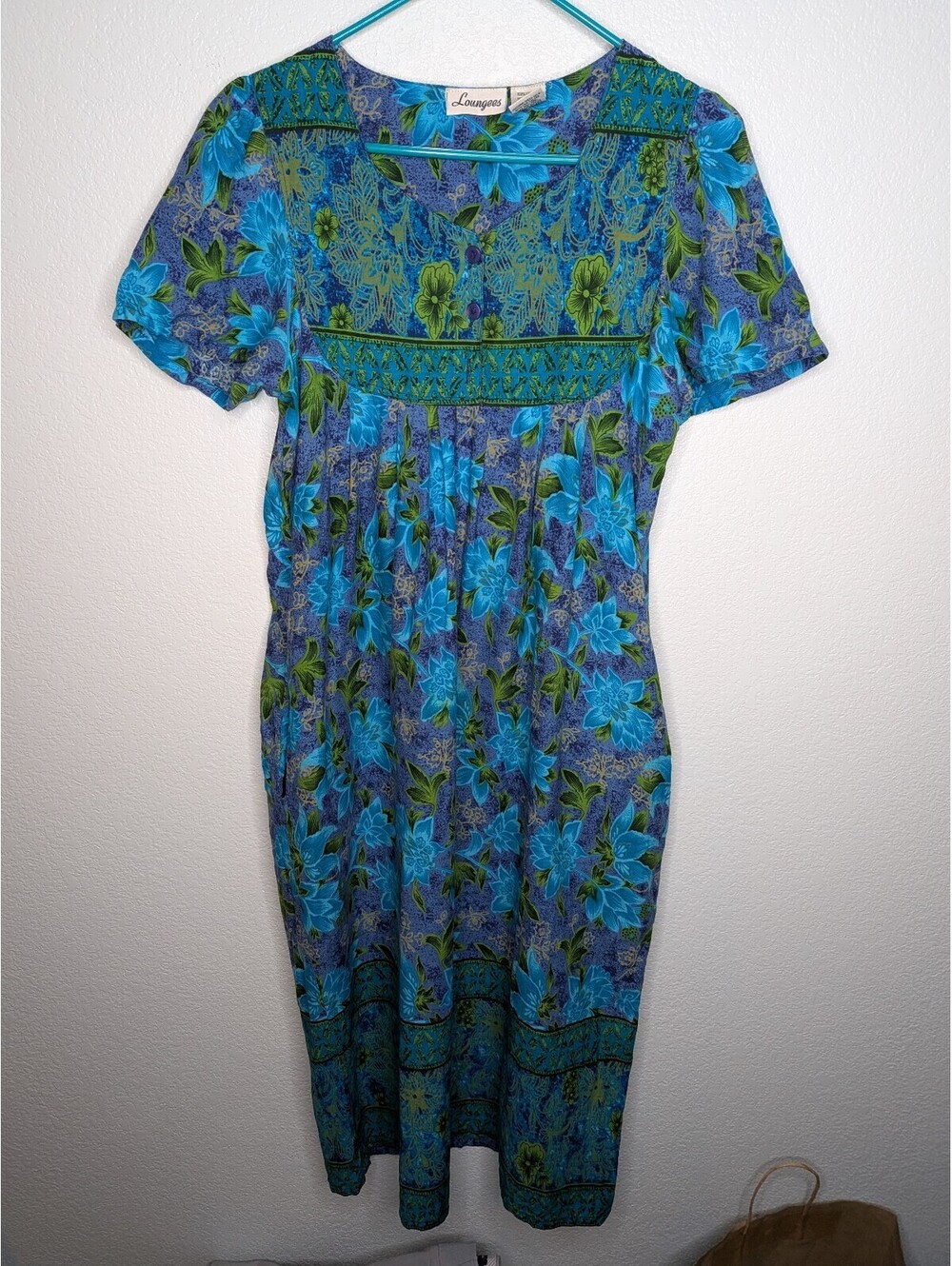Vintage Loungees Small Blue Green Floral Cotton Boho Midi Dress Short Sleeve